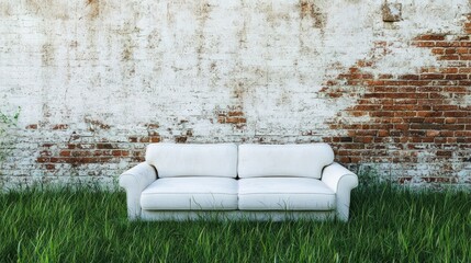 White couch in a grassy yard against a weathered wall