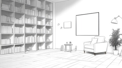 Interior sketch, library room, sunny day, simple design