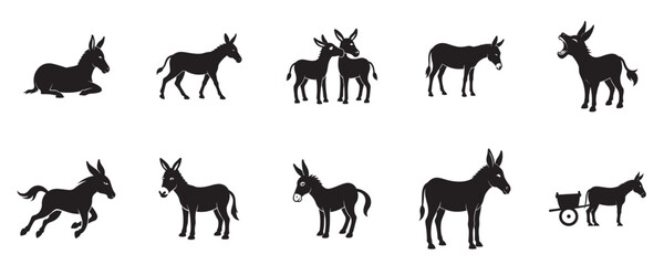 Donkey Activities Silhouette Vector Set Standing, Grazing, Kicking, Pulling on White Background