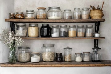 Rustic wooden shelves stocked with glass jars of various grains, nuts, and spices A small bouquet of wildflowers sits on the lowest shelf