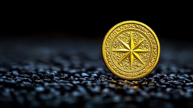 Golden coin with an eightpointed star resting on a textured surface