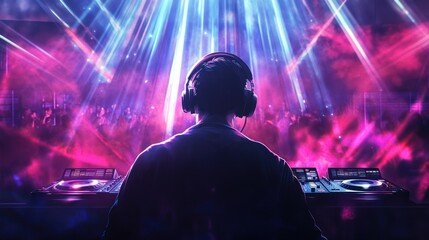 DJ Silhouette in vibrant Nightclub,  mixing music amidst a sea of ecstatic partygoers bathed in neon lights, creating an electrifying atmosphere.