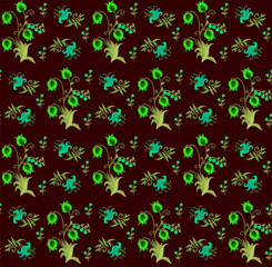 Beautiful seamless pattern of embroidered emerald green flowers, berries and leaves on a deep brown background. Fabric print. Floral embroidery.