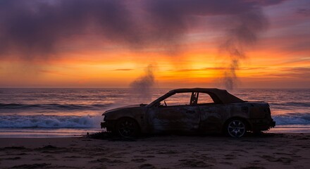 Fototapeta premium Abandoned car sunrise beach scene