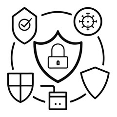 VPN Cybersecurity Icons with Shield Lock and Firewall