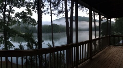 Serene Lake View from a Cabin Porch on a Misty Morning with Trees and Foggy Mountains in the Background Capturing the Calmness and Tranquility of Nature
