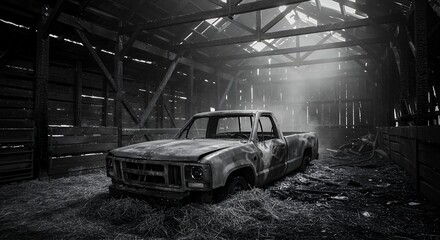 Obraz premium Abandoned truck in dark rustic interior