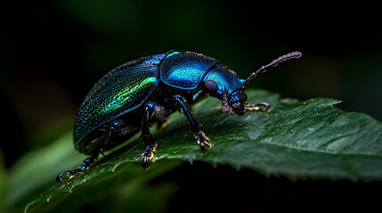 Fototapeta premium An ornate rainforest leaf beetle with shimmering metallic blue and green hues crawling on a leaf.