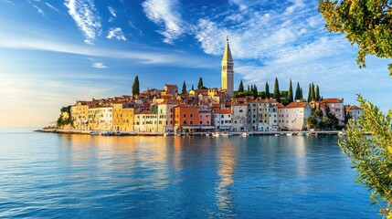 Fototapeta premium Colorful coastal town reflected in calm water at sunrise