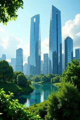 Fototapeta premium Eco-conscious city skyline with energy efficient glass skyscrapers and lush greenery, glass skyscraper, architecture