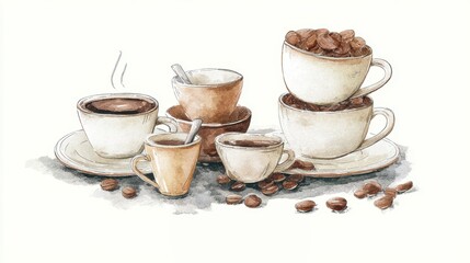 Fototapeta premium Artistic set of Watercolor coffee machines and coffee drinks isolated on brown background,hand-drawn,coffee cups and coffee beans,modern flat design,Fashionable and cute coffee motif concept.