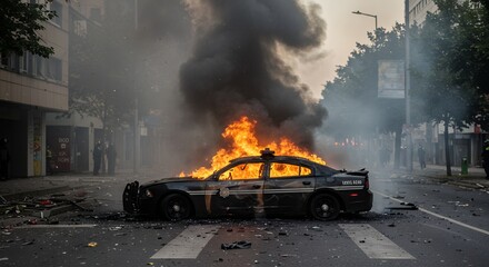 Burning car street protest urban scene