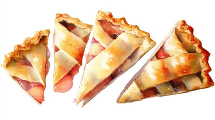 Watercolor set of apple pies and blueberries tarts,traditional pastries and delicious pie,hand painted triangular slice,thanksgiving,autumn season,Hand-drawn vector illustration,menu pattern.