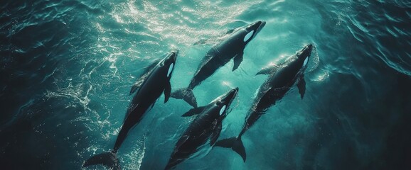 Fototapeta premium Orca pod swimming underwater marine wildlife ocean scene