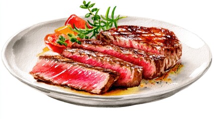 Watercolor of Delicious Grilled Beef Steak Detailed Hand Drawn,illustration,Freshly medium rare grilled beef steak, fried meat, close-up, isolated on white background.
