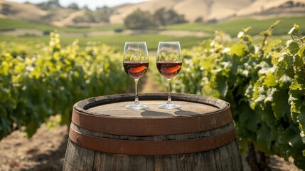 Two glasses of red wine on a wooden barrel amidst a vineyard