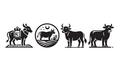 Set of simple black Qurbani cow flat icon vector art illustration, Eid ul adha cow silhouette