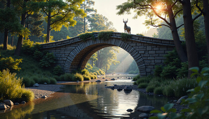 Stone bridge with deer and river in tranquil landscape, for travel and nature blogs