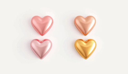 Pastel Hearts on White, Love Theme vector . Valentine's day rose gold heart set isolated on white background. Vector illustration. 3d pastel golden love symbol. Valentin holiday icon, concept header

