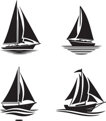 Vector Illustration of Different Types of Sailboats - Black and White Silhouette Clipart