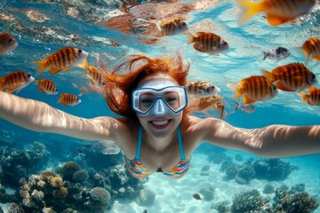 Fototapeta premium Bright commercial style image. Many tropical fish swim next to her. A gorgeous and sexy happy middle eastern young woman with red hair in a swimming mask and fins snorkeling among the corals.