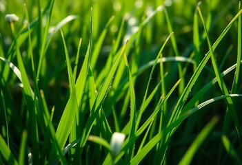 Emerald blades of grass, dew-kissed, sunlight filtering through, flora, lawn