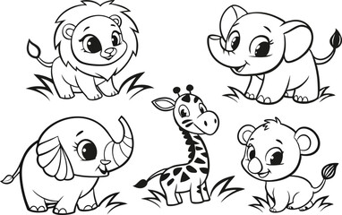 Safari Baby Animals Set for Nursery and Kids. Cute Safari Baby Animals Set for Craft Projects. Hand Drawn Safari Baby Animals Set for Designers. Adorable Safari Baby Animals Set for Printable