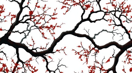 Obraz premium Intricate cherry blossom branches, dark and red, against a white background.
