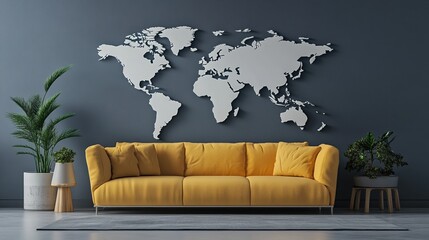 3d world map simple design minimalistic in grey wall background