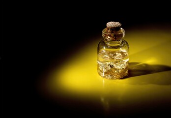 Illuminated Glass Vial with Shimmering Gold Leaf on Yellow Background