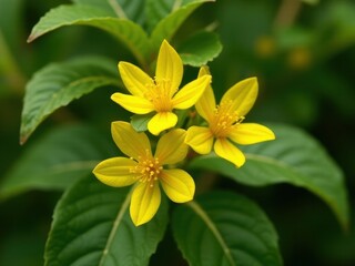 Fototapeta premium medicinal herbs and berries, traditional medicine Three yellow flowers are on a green leaf. The flowers are small and have a bright yellow color