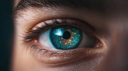 Fototapeta premium Vision of the universe eye reflecting galaxies and data symbols digital art futuristic environment