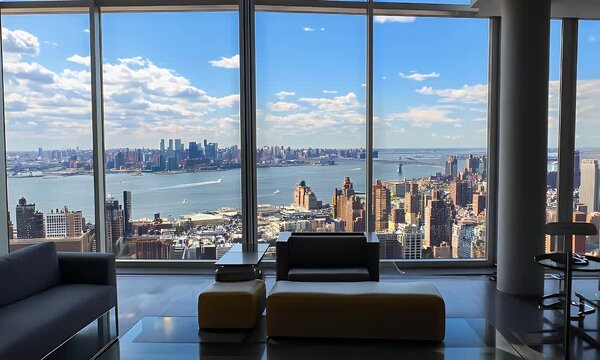 Modern interior with expansive city skyline view through large windows. Furnishings are minimal, complementing the vibrant cityscape backdrop