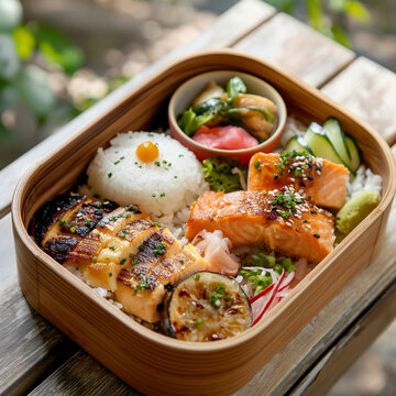Beautifully arranged Japanese bento box grilled salmon