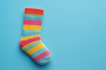 Colorful striped sock on blue background - vibrant rainbow fashion
