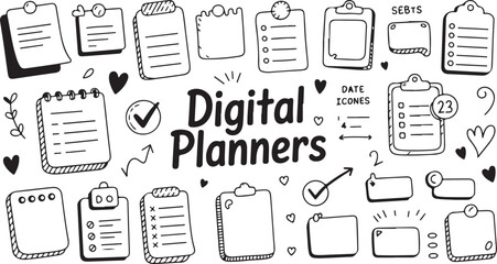 Planner accessories, doodle style, digital sticky notes, tabs, checklist boxes, date icons, mini calendars, clipboards, cute stationery