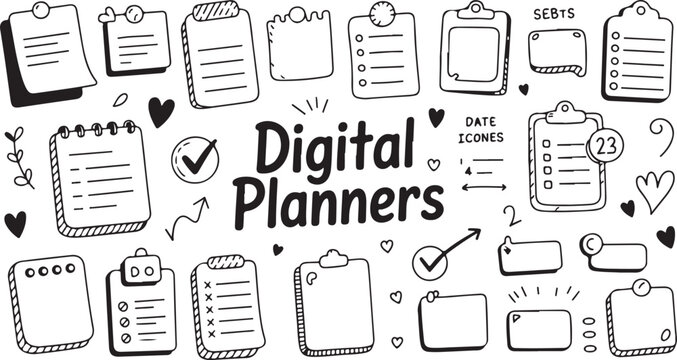 Planner accessories, doodle style, digital sticky notes, tabs, checklist boxes, date icons, mini calendars, clipboards, cute stationery
