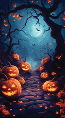 Fototapeta premium Spooky Trail with Pumpkins and Full Moon.