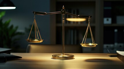 Justice scales on a wooden desk in a dimly lit office