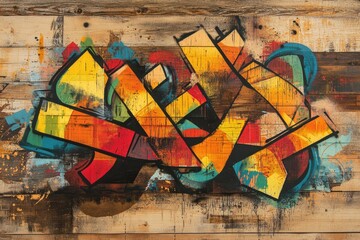 Colorful geometric graffiti art on a wooden panel background