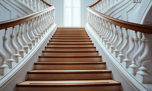 Grand staircase with carved balusters & oak steps leads to a window, casting light on the architectural masterpiece