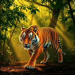 A majestic Bengal tiger, its vibrant orange and black stripes glistening in the warm, golden light of late