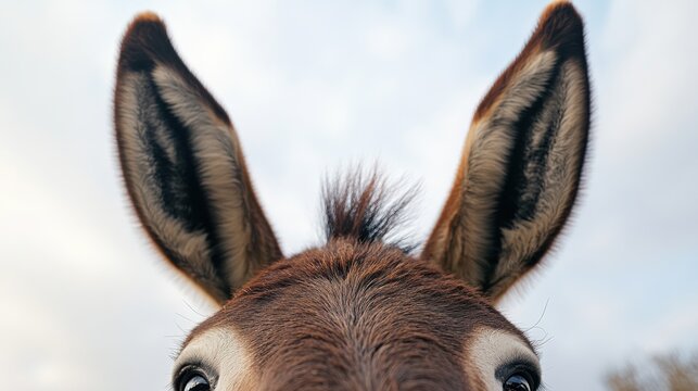 Close-up photo of a donkey head taken from below, donkey, head, animal, close-up, mammal, portrait, farm, brown, ears, eyes