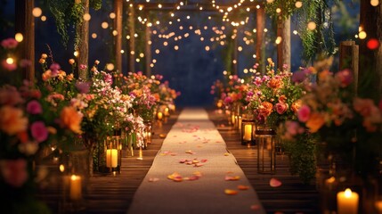 Romantic wedding aisle decorated with vibrant flowers and glowing lights.