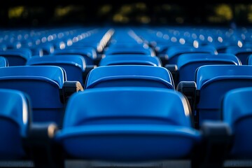 Rows of empty blue stadium seats perspective view event venue seating
