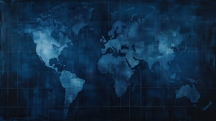 Obraz premium A digital world map displays continents in shades of blue against a dark grid background, emphasizing a modern and technological look.