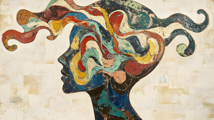Abstract Human Head with Colorful Swirling Patterns Representing Thoughts and Emotions