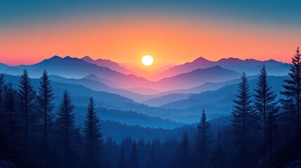 Obraz premium Majestic mountain sunrise. Misty peaks bathed in vibrant sunset hues. Silhouette of evergreen trees frame the vista