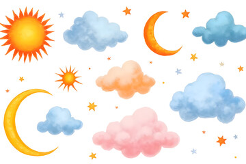 Cartoon drawings of the sun  moon  stars  and clouds