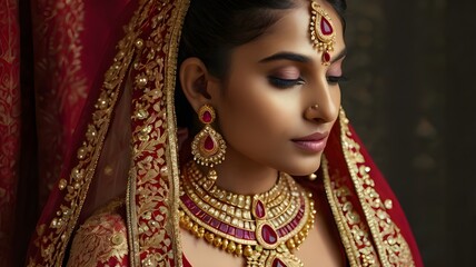 Close-up of traditional Indian wedding jewelry displayed elegantly on a model, including gold and ruby-encrusted ornaments, highlighting intricate craftsmanship,Generative Ai